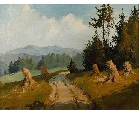 Karl Schmidt, Erzgebirgslandschaft mit KornpuppenBlick entlang eines besonnten Weges in spätsommerlicher Mittelgebirgslandsch