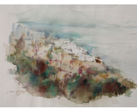 Manfred Feiler, "Stadt am Meer"Blick auf eine am Hang, hoch über dem Meer gelegene Stadt, Aquarell, links unten signiert und 