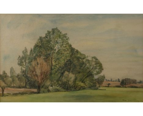 Max Nehrling, Flache LandschaftBlick auf eine von Wiesen und Feldern umgebene Baumgruppe, Aquarell über Graphit, rechts unten