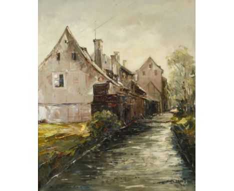 Manfred Feiler, "Alt Plauen"sommerlicher Blick entlang des Mühlgrabens am Weisbachschen Haus, mit den historischen Weberhäuse