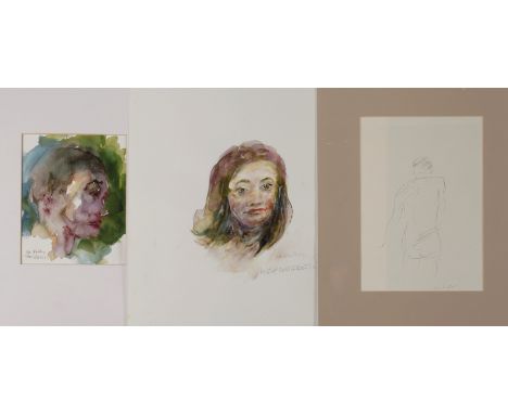 Manfred Feiler, Konvolut Aquarelle/ZeichnungenZeichnung eines Rückenakts und zwei Portraits in Aquarell, Anfang 21. Jh., jewe