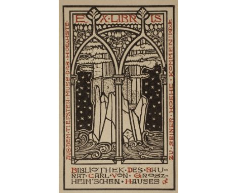Melchior Lechter, ExlibrisExlibris des Baurates Carl von Groszheim, Blick durch ein gotisches Doppelspitzbogenfenster, auf ei