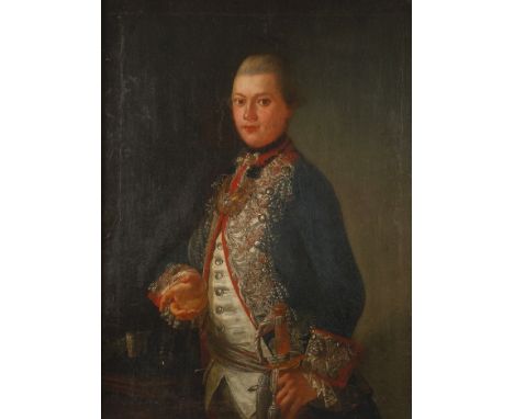 Spätbarockes OffiziersbildnisHalbfigurenbildnis eines herrschaftlichen jungen Mannes mit Perücke, im aufwendig bestickten und