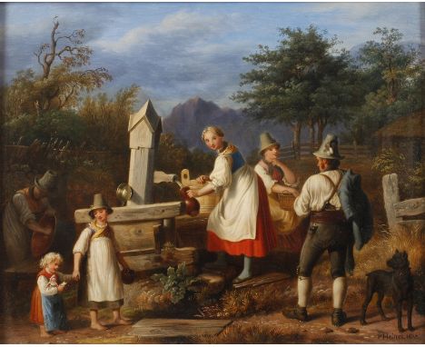 Philipp Heinel, attr., Am BrunnenBauernfamilien in sonniger Sommerlandschaft, beim Wasser holen am Brunnen, hierzu bemerkt Th