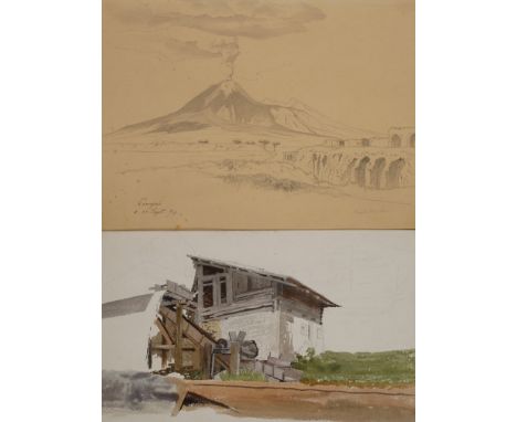 Hermann Krabbes, attr., Pompeji und Wassermühlezwei Blatt, 1.) Blick auf die Reste eines Amphitheaters vor der imposanten Kul