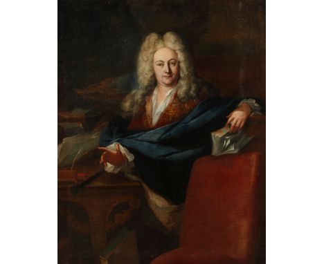 Carl Jacob Stauder, Großes Barockportraitälterer würdevoller Herr mit Allongeperücke, am Schreibtisch im herrschaftlichen Int