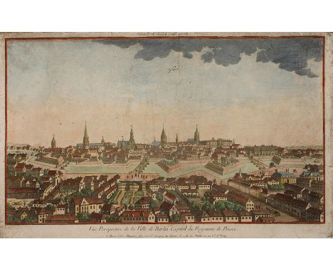 Guckkastenblatt BerlinBlick auf die Stadt mit ihren Befestigungsanlagen, Kirchen und dem Schloss, unter der Darstellung und i