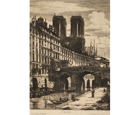 Charles Meryon, "Le petit pont"Blick entlang einer am Wasser gelegenen Häuserzeile mit Personenstaffage auf Notre Dame in Par