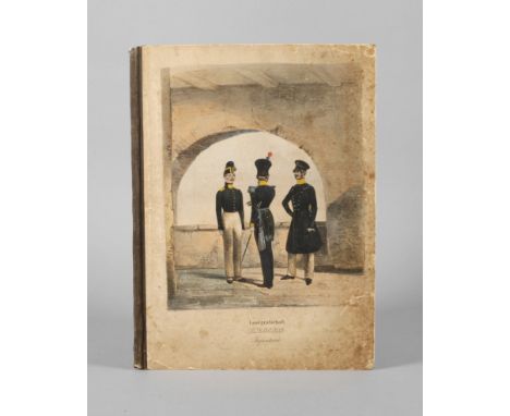 Bildermappe Uniformenum 1900, ca. 20 handkolorierte Kreidelithografien als ganzseitige Tafeln, meist mit Schutzblättern, daru