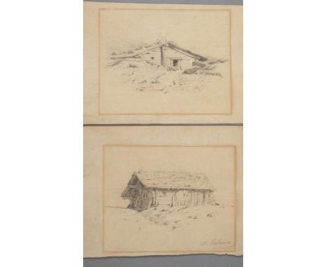 Alexandre Calame, Zwei Bleistiftzeichnungenjeweils Darstellung einer einsamen Berghütte, Ende 19. Jh., je signiert "A. Calame
