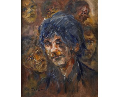 Manfred Feiler, KöpfeArrangement von sechs Portraits, pastose Malerei in warmer Farbigkeit, Öl auf Leinwand, links unten sign