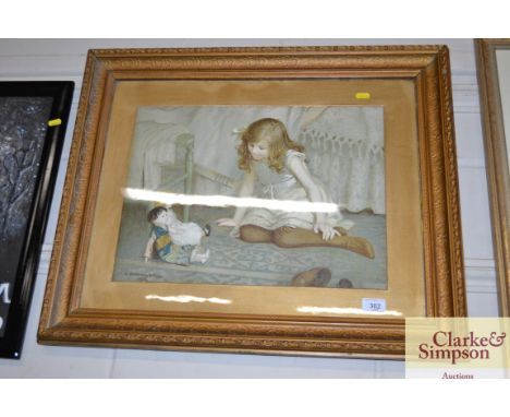 After C Blakeney Ward, coloured print of a child and dolls in a decorative gilt frame