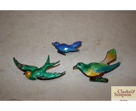 Three enamel and white metal bird brooches 