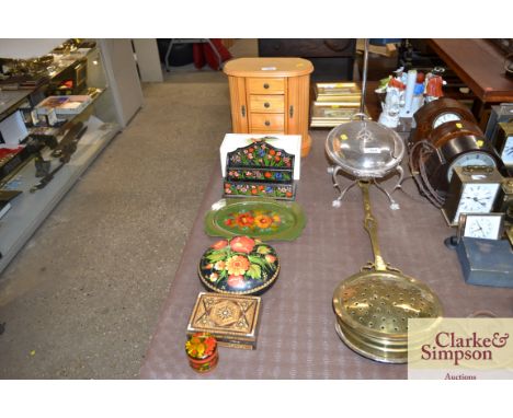 A small trinket cabinet; and various decorative boxes, tray etc. 