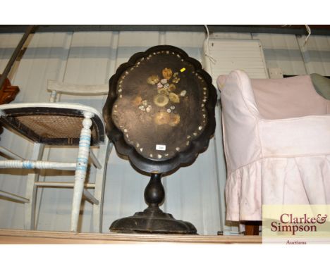 A Victorian Papier Mâché and mother of pearl inlaid table; and a Victorian painted chair 