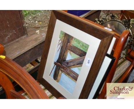 A watercolour depicting a rural gate; various floral watercolours etc.