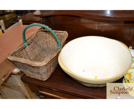 A vintage T.G.Green mixing bowl; and a wicker basket 