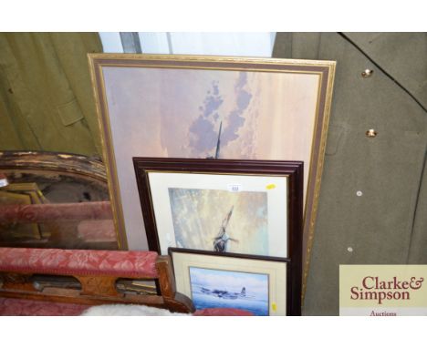 A coloured print "Lone Patrol"; another "Mosquito" after Walton; and a coloured print of a bomber after Coulson 