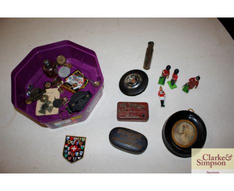 Various items including a miniature portrait print; a Dunlop advertising tin; coinage etc. 