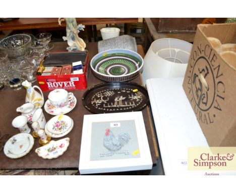 A Norwegian pottery bowl; a white china jelly mould; an Oriental mother of pearl tray; chicken print etc.