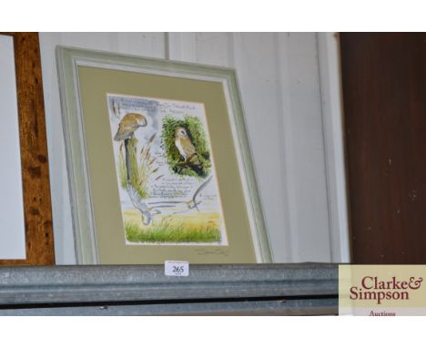 A pencil signed print of owls with annotation 