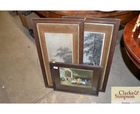 A coloured print of a hunt breakfast; and a pair of Edwardian rural landscape pictures in oak frames