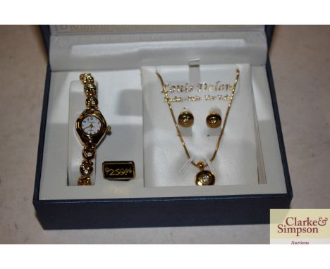 A Louis Delon boxed watch, necklace and ear-ring set 