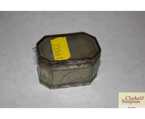 An antique white metal and mother of pearl pill box 