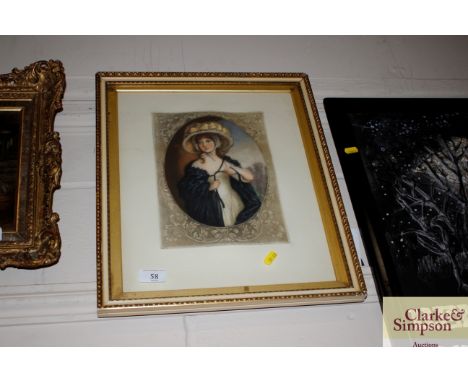 A 19th Century print of a young lady wearing a bonnet and cloak in decorative gilt frame 