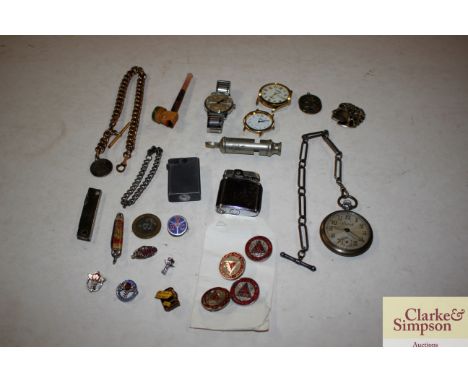 Various watches; watch chain; cigarette lighters etc.