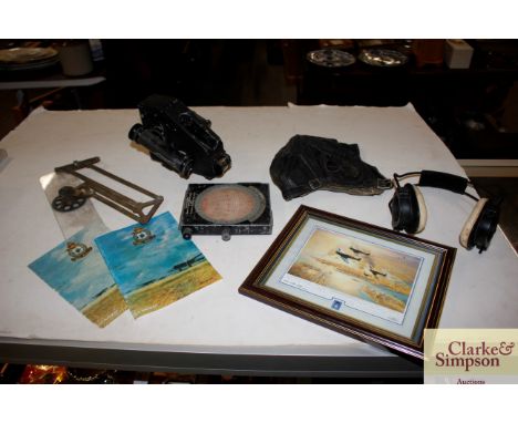 A RAF WW2 AM marked Bubble sextant; flying helmet; navigator's plotter; RAF headphones; pewter etc.