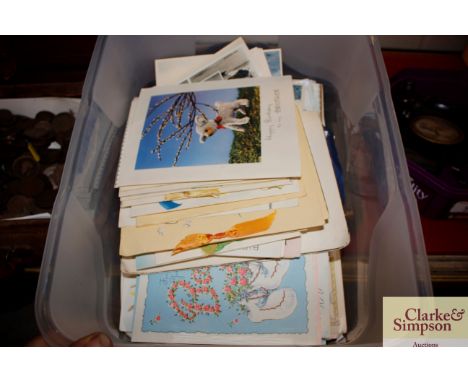 A box of various old greetings cards, post-cards and other ephemera 