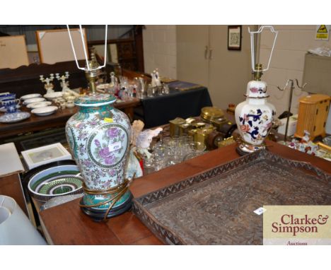 A Masons ironstone lamp and shade and an Oriental patterned lamp and shade 