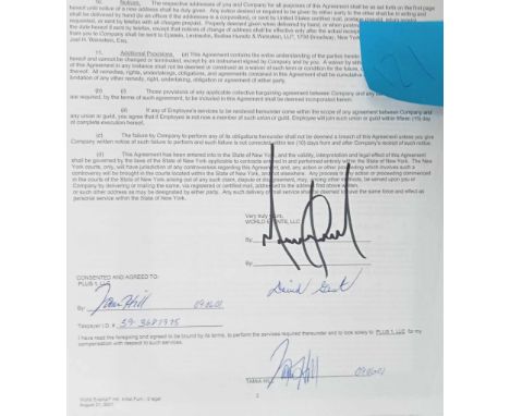 Michael Jackson signed Contract dated August 21st 2001 for Tamia Hill signed on reverse by Michael Jackson and David Gest

 