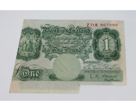 Banknote - G.B.  Error One Pound Britannia Banknote series Z71K L. K. O'Brien - folds with extra paper and part of note missi