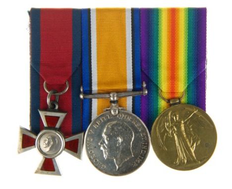 Scarce First World War Nursing medal group, comprising - Royal Red Cross medal, War and Victory, named to - SISTER. R. G. MOF