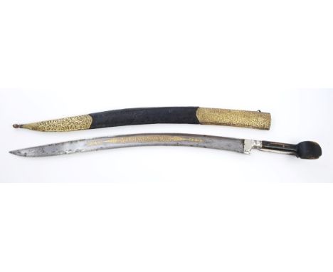 19th century Turkish Balkan Yataghan sword with large wooden ears (one missing), silver sheet decoration to grip, gold damask