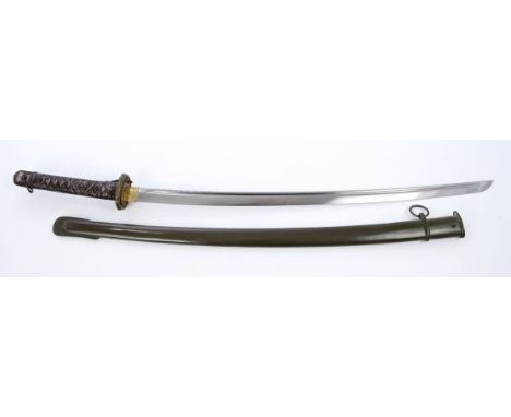 Second World War Japanese N.C.O.'s Katana with brown painted cast alloy hilt, slightly curved fullered blade retaining all or