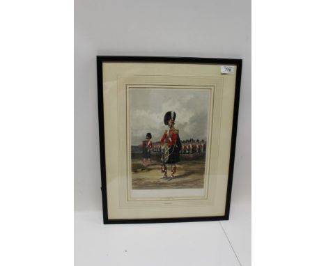 Victorian Ackermann coloured print of an Officer and men of the 92nd Foot, in glazed frame