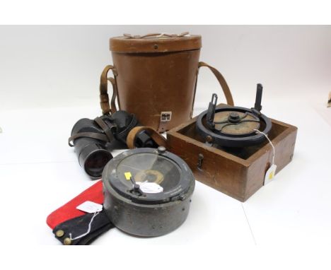 Pair Second World War British Military binoculars, marked - R. E. L. / Canada 1944, in leather case, aircraft compass Azimuth