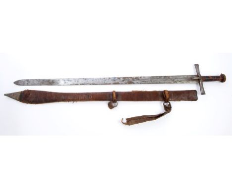 19th century Sudanese Kaskara sword with leather bound grip, cruciform crossguard, multi-fullered straight blade with 'Man in