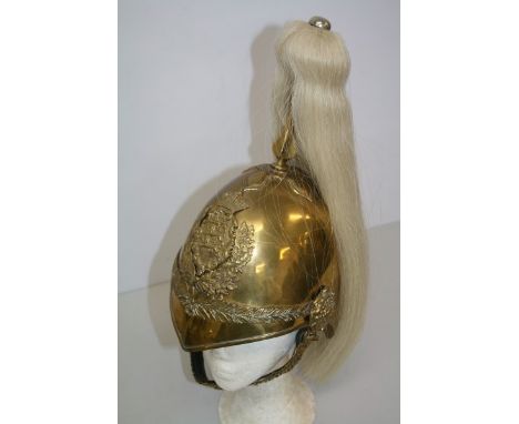 Reproduction Victorian Duke of Lancaster's Own Yeomanry Cavalry troopers' helmet with brass skull and helmet plate, brass chi