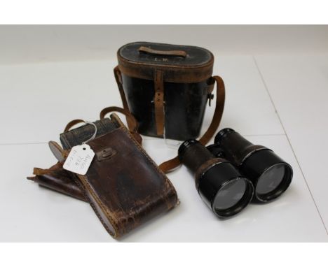 Pair Edwardian Ross & Co. Officers' binoculars in leather case and a 1920s Ensign carbine camera in case