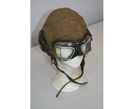 Second World War period Luftwaffe Baumuster LKP 5101 flying helmet of canvas construction, satin-lined with sheepskin covered
