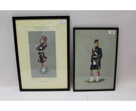 Gouache watercolour of Gordon Highlanders 2nd Lieutenant: No. 1 Dress, in glazed frame and a cartoon print - Officers of The 