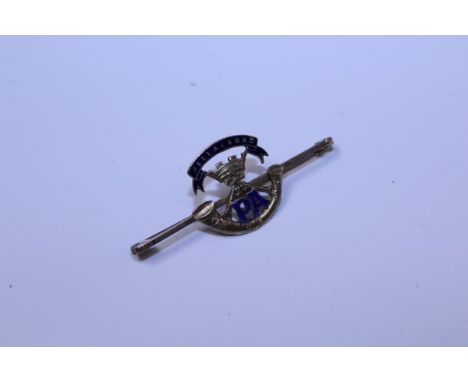 Gold (stamped 15c) and blue enamel Somerset Light Infantry sweetheart bar brooch