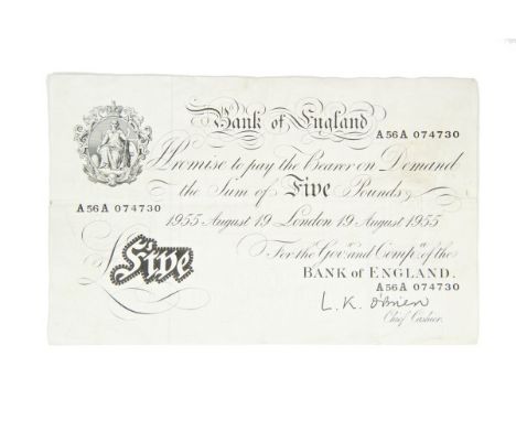 G.B. White L. K. O'Brien Five Pound note dated London 19 August 1955 series A56A.  AVF