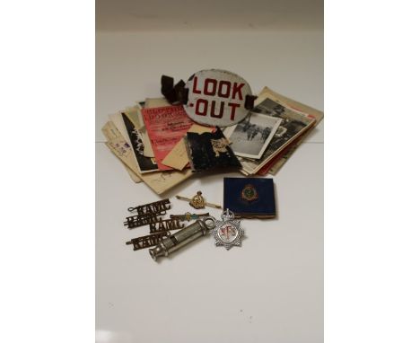 Second World War A.R.P. enamel 'Look Out' armband on leather strap, together with badges, sweetheart compact and Second World
