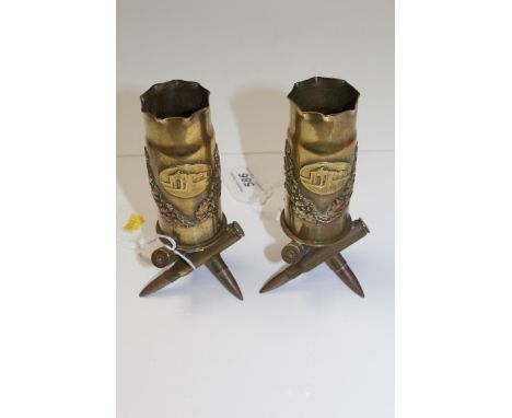 Pair of unusual First World War period brass trench art vases with applied oval panels depicting the Menin Gate at Ypres, wit