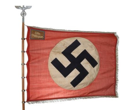 Rare original 1930s Nazi S. A. Banner from Cologne Friesenplatz District, with black and white Swastika on red flag with embr